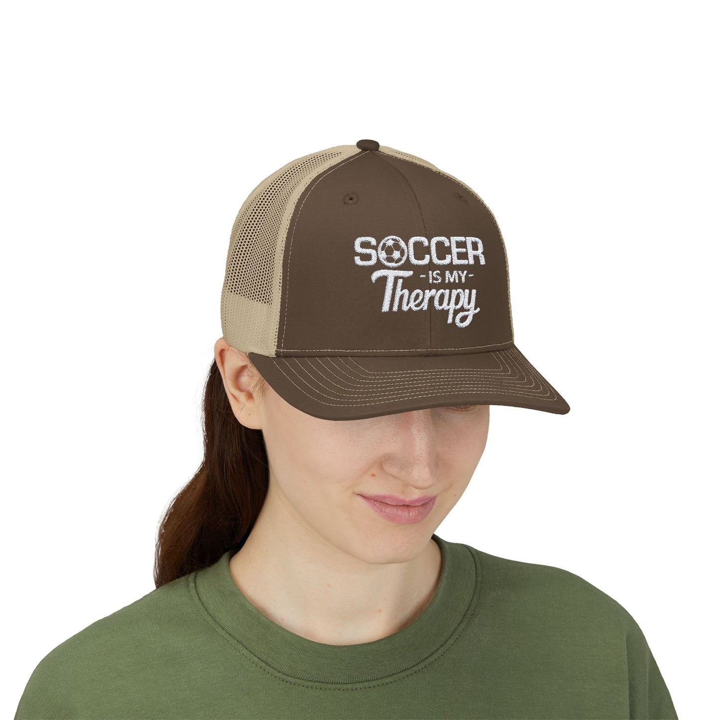 SOCCER Is My Therapy EMBROIDERED HAT | Trucker Cap for Soccer Lovers | Gift for Soccer Players, Coach