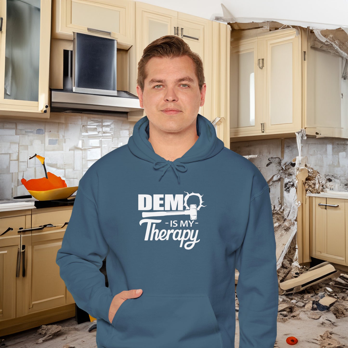 DEMO Is My Therapy HOODIE | Inspirational Unisex Hooded Sweatshirt for Demolition Enthusiast | Gift for Construction Remodeling